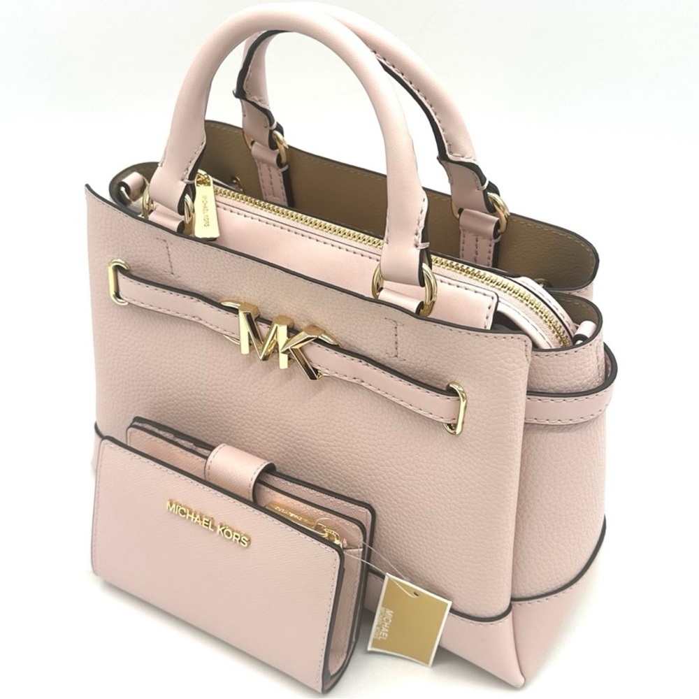 Michael Kors Reed Small Satchel Crossbody Bag & MD Bifold Zip Chain Wallet Pink - Picture 6 of 14